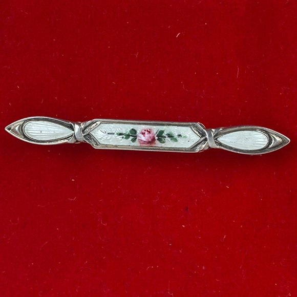 Pink Flowers Guilloche Enameled Sterling Bar Pin